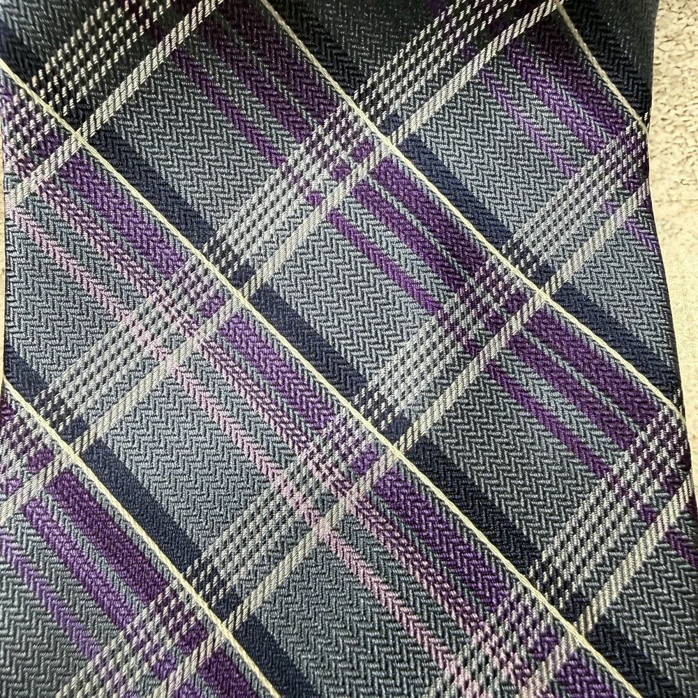 Pronto Uomo Tie Mens One Size Blue Purple Plaid 100% Silk Woven‎ Classic Necktie